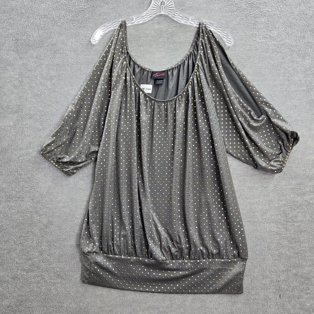 Torrid Women Blouse 1 Gray Tunic Studded Cold Shoulder Round Neck Pullover